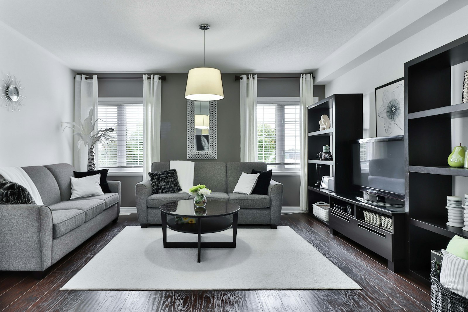 Open-plan living area in soft neutral tones